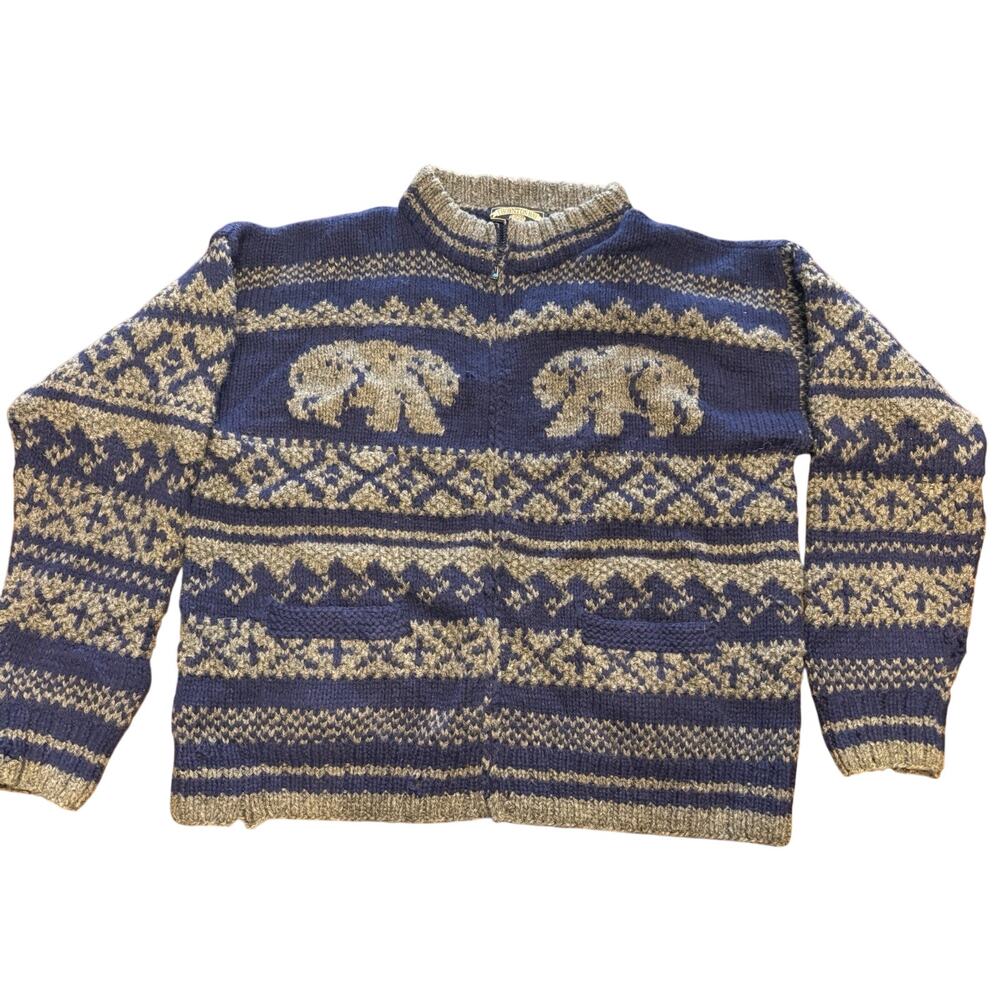 XL Thornton Bay Wool Polar Bear Nordic Fair Isle Full Zip Sweater Blue Flaws